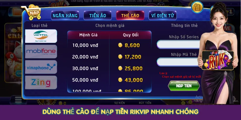 Dùng thẻ cào để nạp tiền Rikvip nhanh chóng