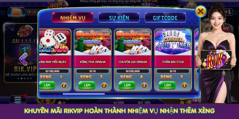 Khuyến mãi Rikvip hoàn thành nhiệm vụ nhận thêm Xèng