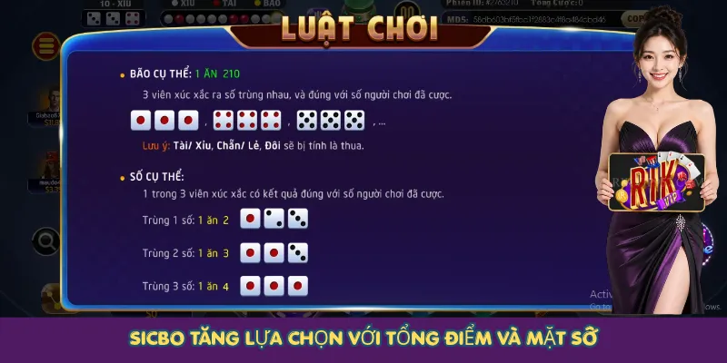 Sicbo tăng lựa chọn với tổng điểm và mặt số